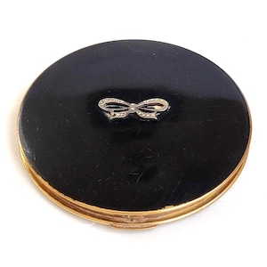 Vintage Stratton England Powder Compact with Black Enamel on Brass Gold with Marcasite Bow Decoration 60s Ladies Vanity Accessory