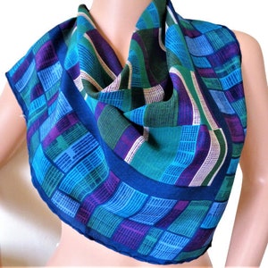 Blue Silk Scarf, Geometric Head Scarf, Abstract Print, Multi color, Vintage Women&#39;s Scarves