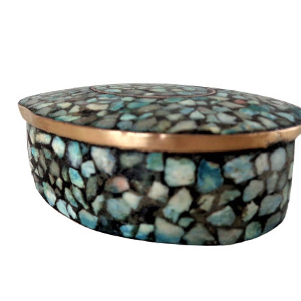 Antique Brass Box with Mosaic Turquoise Inlay, Oval Trinket Box, Jewelry Storage