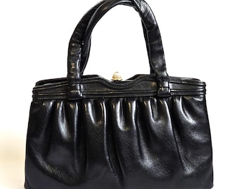 Vintage Black Leather Handbag, 1960s Top Handle Pleated Purse, Snap Closure Leather Lining