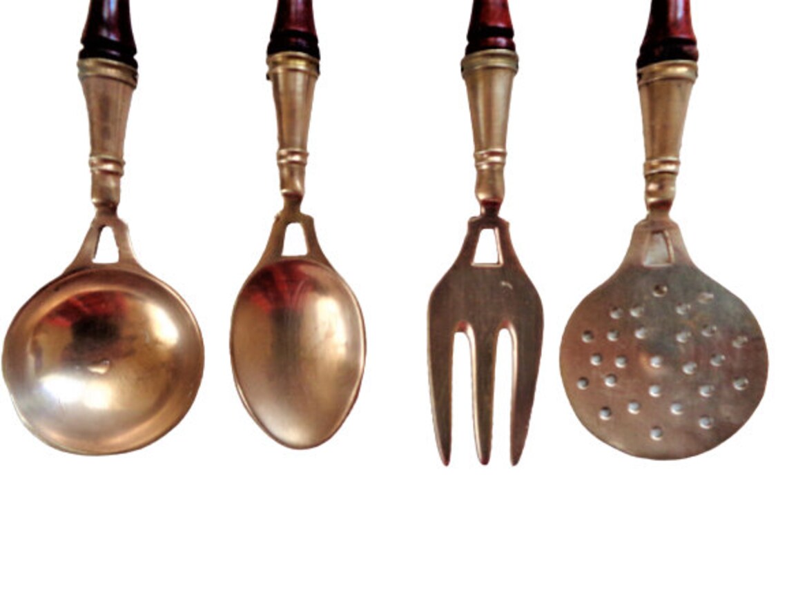 Vintage Brass Kitchen Utensils Set with Holder Fork Ladle Etsy