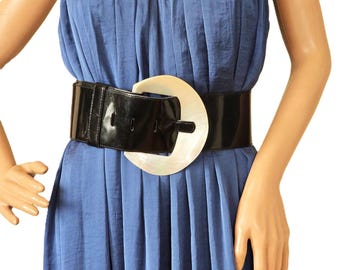 80\'s Black Patent Genuine Leather Wide Waist Belt Brass Buckle Medium Taiwan Wide Patent Belt - Etsy main image 3