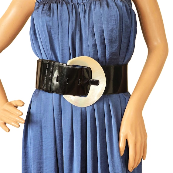 Vintage Wide Black Patent Leather Belt for Women Extra Large