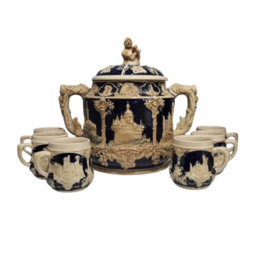 German Punch Bowl Set With 6 Cups, Blue Salt Glazed, Stoneware Crock Tureen With Castle, Made by