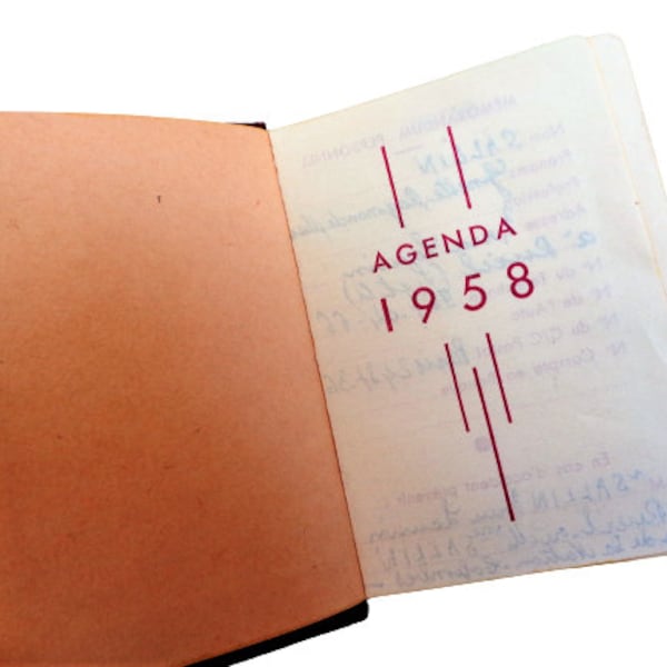 journal quotidien vintage, carnet de calendrier 1958, journal de poche français manuscrit, journal de planificateur, agenda France, éphémères antiques