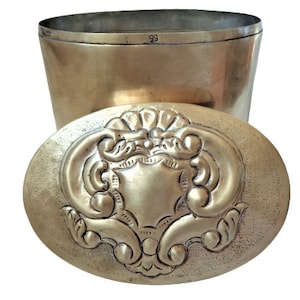 Antique Brass Box, Embossed Brass Storage Canister, Vintage Trinket Dish, Brass Storage Jar with Lid