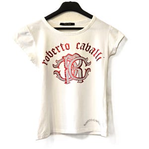 T-shirt vintage Roberto Cavalli bianca con monogramma e grafica con borchie rosse metallizzate, taglia S