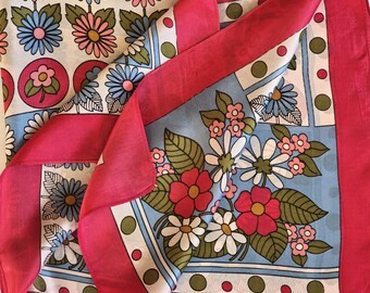Vintage Daisies Flowers Print Scarf, Deep Pink Blue Green White Square 67cm Headscarf Retro Women 60s 70s Fashion Hair Accessories