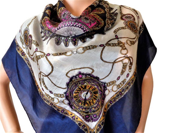 Baroque Silk Scarf, Royal Blue Head Scarf, Chain … - image 3