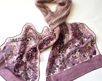 Vintage Monique Valery Long Silk Scarf Sheer Lilac Lavender Floral Print Hand Rolled Edges Violet Botanical Garden Feminine Wrap Accessory