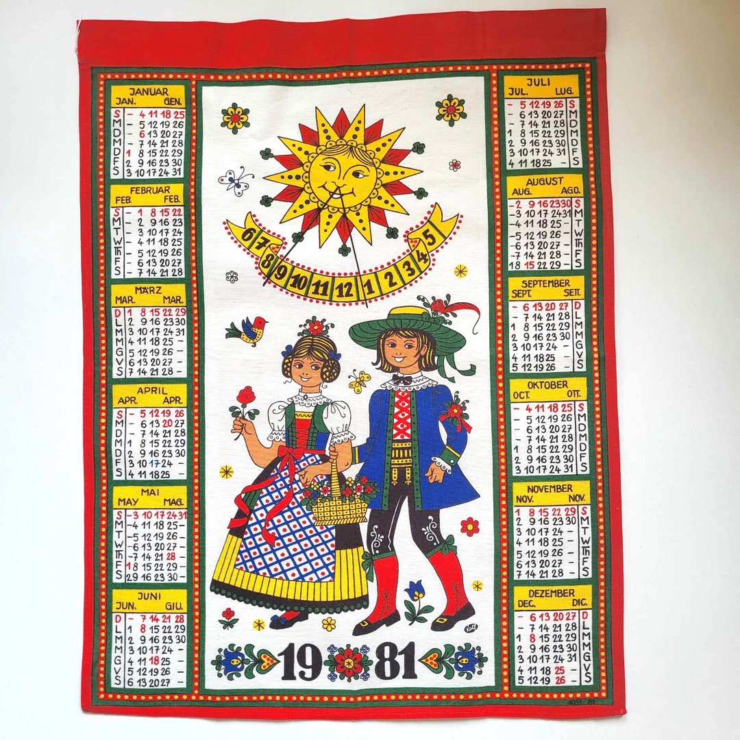 Ancien torchon calendrier 1987 avec dessin chat et canard - Le Grenier de Lisette