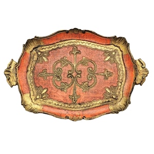 Vintage Florentine Wooden Vanity Tray Orange Gold Gilded Italian Serving Decorative Tray Holder Italy