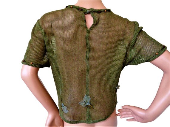 Green Mesh Top with Embroidered Flowers and Flora… - image 2