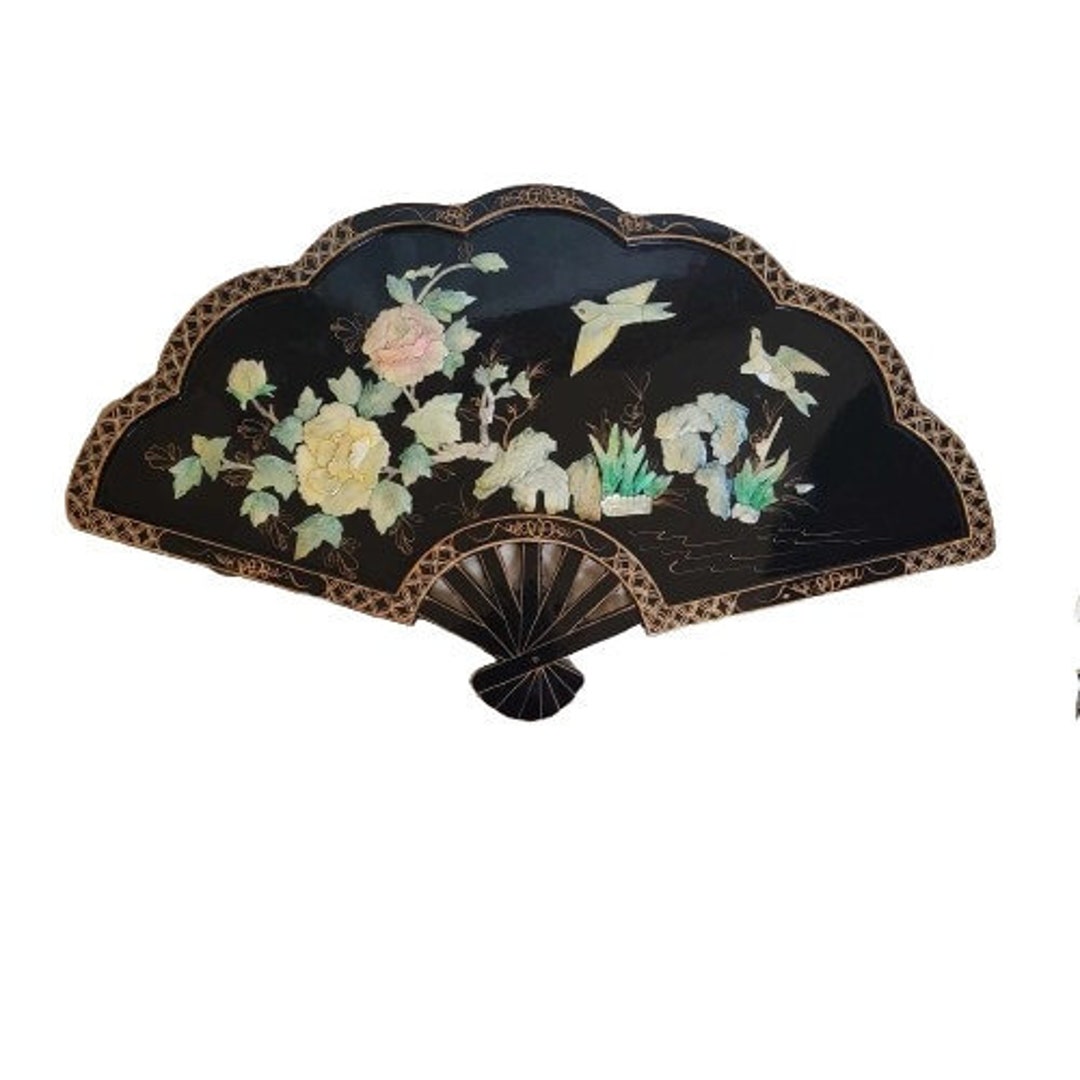 Large Black Lacquer Wood Chinese Wall Fan With Abalone Shell Mother of