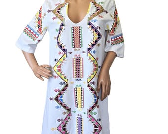 Vintage Boho Embroidered Tunic Dress Cotton Folk Festival Style Small