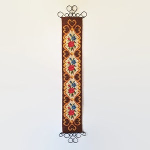 French Tapestry Bell Pull with Hangers, Vintage Needlework Flower Wall Hanging Embroidered Panel with Roses Floral Pattern