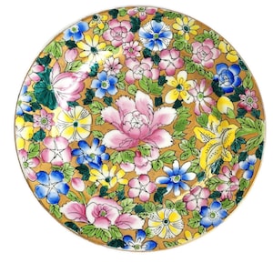 Vintage Hand painted Decorative China Plate, Mille Fleurs Pattern, Gold Green Pink Colorful Flowers Design, Orient Asia Porcelain Decor