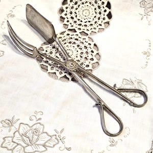 Puede incluir: Tenaza plateada con un tenedor en un extremo y una espátula plana y redondeada en el otro. La tenaza está abierta y sobre una servilleta de encaje blanco.