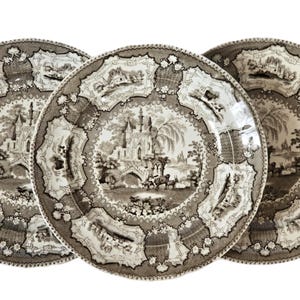 Set di piatti da insalata Staffordshire England Arcadia Pattern Brown Transferware English Castle Country Design