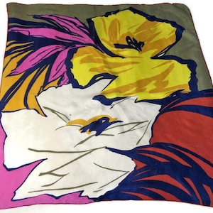 Vintage 80s silk scarf with Multi Color floral print, Blue Pink Yellow Flowers Head scarf, Hair Womens Accessories