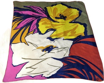 Vintage 80s silk scarf with Multi Color floral print, Blue Pink Yellow Flowers Head scarf, Hair Womens Accessories