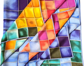 Large Square Silk Scarf, Bright Multi Color Head Scarf, Tino Lauri, Geometric Print Scarf, Italian Designer Scarf, Vintage Neckerchief