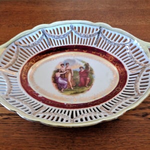 Vintage Porcelain Basket, Oval Reticulated Dish, Angelica Kauffmann Portrait Painting, Lusterware China Pierced Dish,  Handled Fruit Bowl