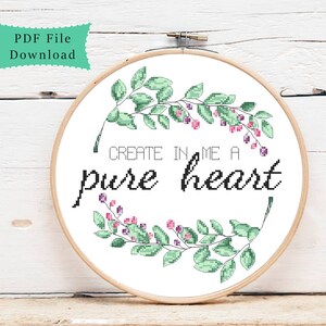 Crea en mí un corazón puro, patrón moderno de punto de cruz, descarga instantánea en pdf, citas inspiradoras, versículo de la biblia, arte cristiano