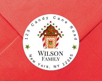 Custom Christmas Address Sticker / Gingerbread House on GLOSSY Labels / Available in 2.5" and 2" Round / Custom Christmas Address Label