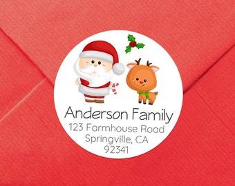 Custom Christmas Address Sticker / GLOSSY Cute Santa and Reindeer / Available in 2.5" and 2" Round / Custom Christmas Santa Address Label