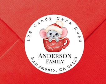 Custom Christmas Address Sticker / Christmas MOUSE on GLOSSY Labels / Available in 3 sizes / Custom Christmas Address Label
