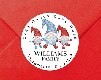 Custom Christmas Address Sticker / Three Dancing Christmas Gnomes / GLOSSY LABELS Available in 2.5" and 2" Round / Custom Address Label