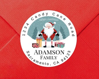 Custom Christmas Address Sticker / Christmas SANTA with Presents on GLOSSY Labels / Available in 2.5" and 2" Round / Custom Address Label