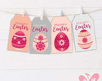 Easter Egg Gift Tags / 4 Designs / Instant Download / Vintage  Printable Pink and Red / Vintage Easter Egg Download