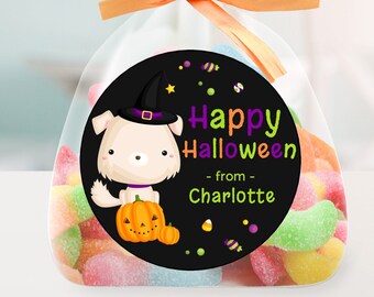 Custom Halloween Labels / Puppy In Witch Hat Sticker / 2 Sizes / GLOSSY / Personalized Cute Halloween Dog Sticker / Custom Halloween Labels