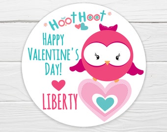 BOGO / Owl Valentine Sticker / Cute Owl Valentine Sticker / 3 Sizes / Personalized Valentine Label / Valentine Girl Stickers