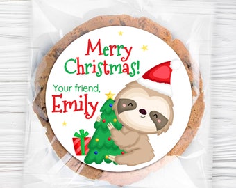 Custom Christmas Cute Sloth Sticker / 3 Sizes / Sloth Hugging Christmas Tree / Personalized Christmas Sticker / Fast Shipping