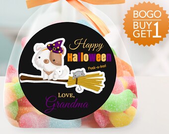 Custom Halloween Stickers / GLOSSY / Puppy on Witch Broom Sticker / 2 Sizes / Personalized Halloween Dog Sticker / Ships Fast