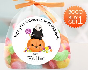 BOGO / Custom Halloween Sticker / GLOSSY Black Halloween Cat in Pumpkin Sticker / 4 Sizes / Personalized Cute Halloween Sticker