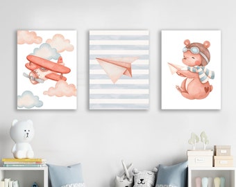 Set of 6 Airplane Prints / Airplane Decor / Teddy Bear Print / Cute Airplanes Nursery / Teddy Bear Print for Baby / Nursery Art Canvas Print