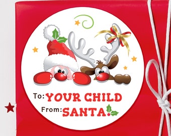 BOGO / Custom Christmas Sticker FROM SANTA / Personalized Santa and Reindeer Label / 2 Sizes / Custom Christmas Santa Stickers