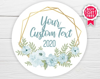 BOGO / Custom Wedding Sticker / Gold and Light Blue Floral / GLOSSY Stickers / Available in 3 sizes / Personalized Wedding Labels