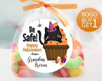 BOGO / Custom Halloween Sticker / GLOSSY / Cute Kitty in Cupcake Sticker / 3 sizes / Personalized Cute Halloween Sticker / Be Safe