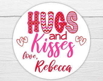 BOGO / Custom Valentine Sticker / HUGS and KISSES / 3 sizes / Personalized Valentine Label / Valentine Heart Stickers