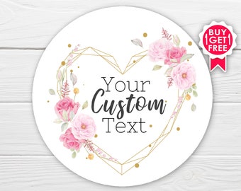 BOGO / Custom Wedding Sticker / Pink Floral Heart Wreath / GLOSSY Stickers / Available in 3 sizes / Personalized Wedding Labels