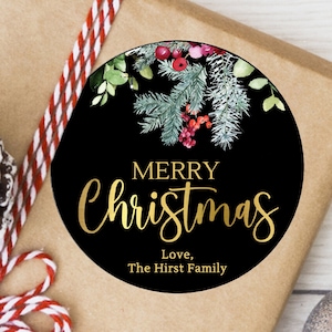 Christmas Wreath / Christmas Gift Stickers / Dark Christmas Labels / 2 sizes / Round Glossy / Custom Christmas Wreath Stickers