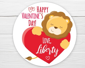 BOGO / Lion Valentine Sticker / Lion with Heart Happy Valentines Day / Personalized Valentine Label / Valentine Heart Stickers