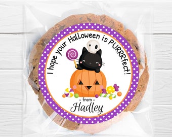 Custom Halloween Sticker / PURPLE Cute Kitty in Pumpkin Sticker / Sheet of 12 Round 2.5 inch / Personalized Cute Halloween Sticker