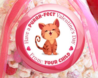 Custom Valentine Sticker / CUTE KITTY / Sheet of 12 / Personalized Valentine Label / Valentine Heart Stickers