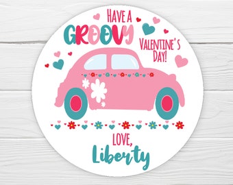 BOGO / Custom Valentine Sticker / Groovy Car Happy Valentines Day / Personalized Valentine Label / Valentine Heart Stickers